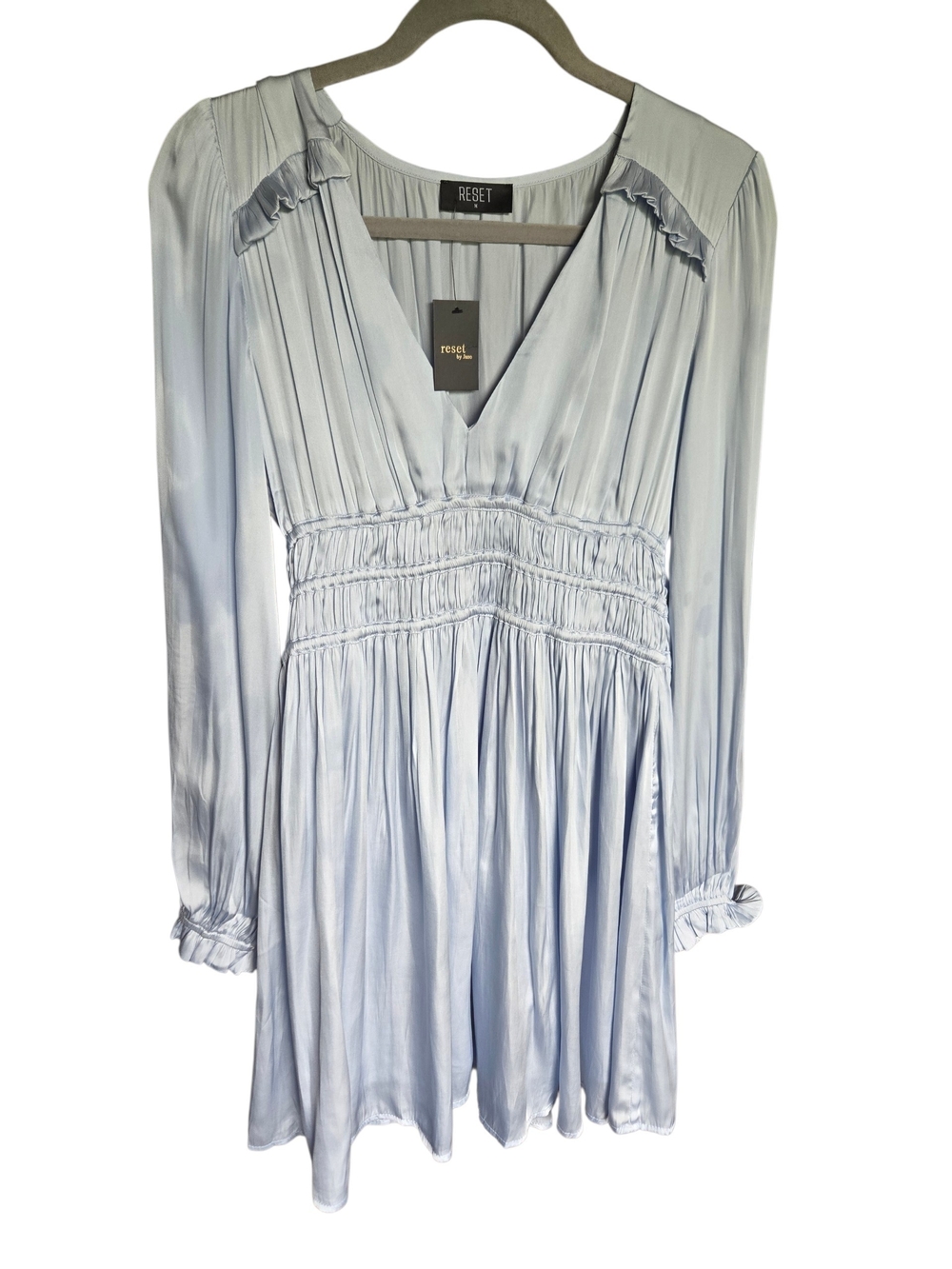 NWT RESET by Jane Anna Satin Ruffle Smocked Dress Blue Size Medium